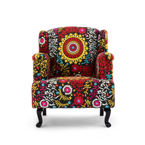 Embroidered Black Wing Chair