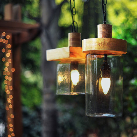 Hanging Lamp With Clear Glass And Wooden Top (Set Of 2)