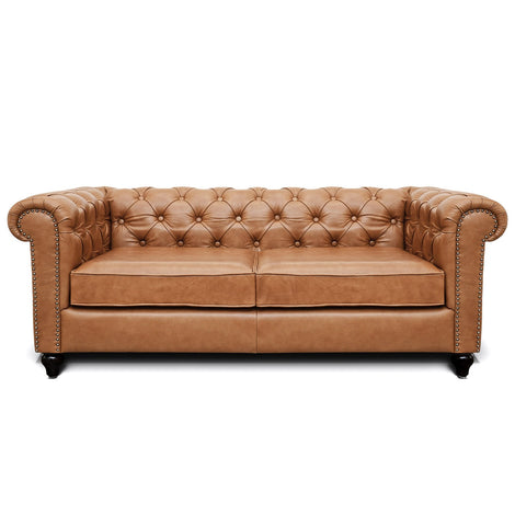 Jacob Chesterfield 3 Seater Sofa: Biscuit Brown, Leather