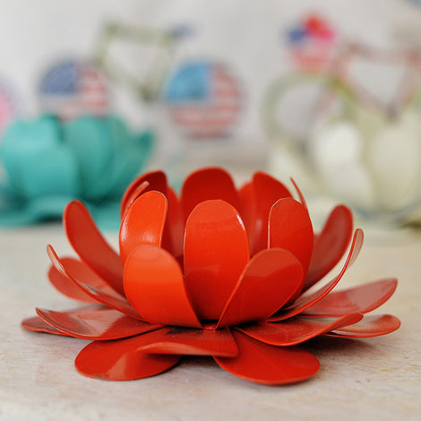 Flower Tea Light Holder: Red, Powder Coated
