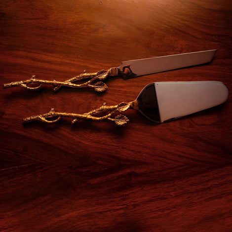 Gold Twigs Cake Picker & Knife: Silver & Gold