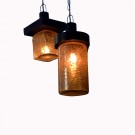 Hanging Lamp With Antique Amber Glass And Wooden Top-Set Of 2 Hanging Lamp With Antique Amber Glass And Wooden Top-Set Of 2