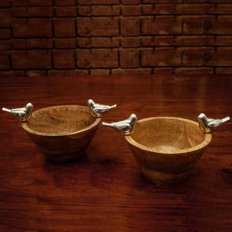 Wooden Bowl With Metal Bird (Set Of 2)