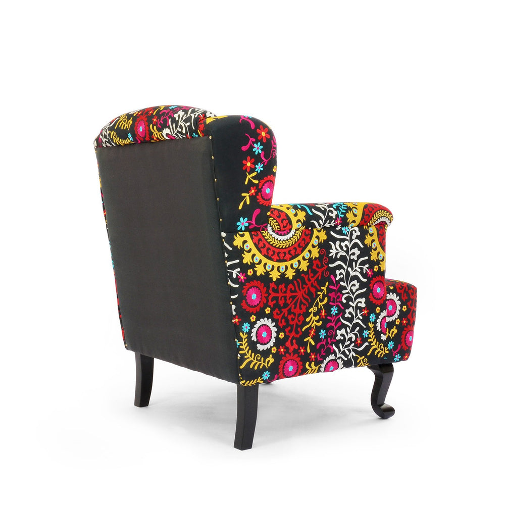 Embroidered Black Wing Chair