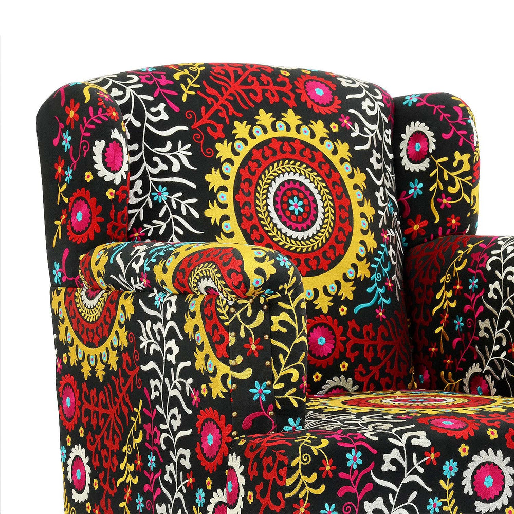 Embroidered Black Wing Chair