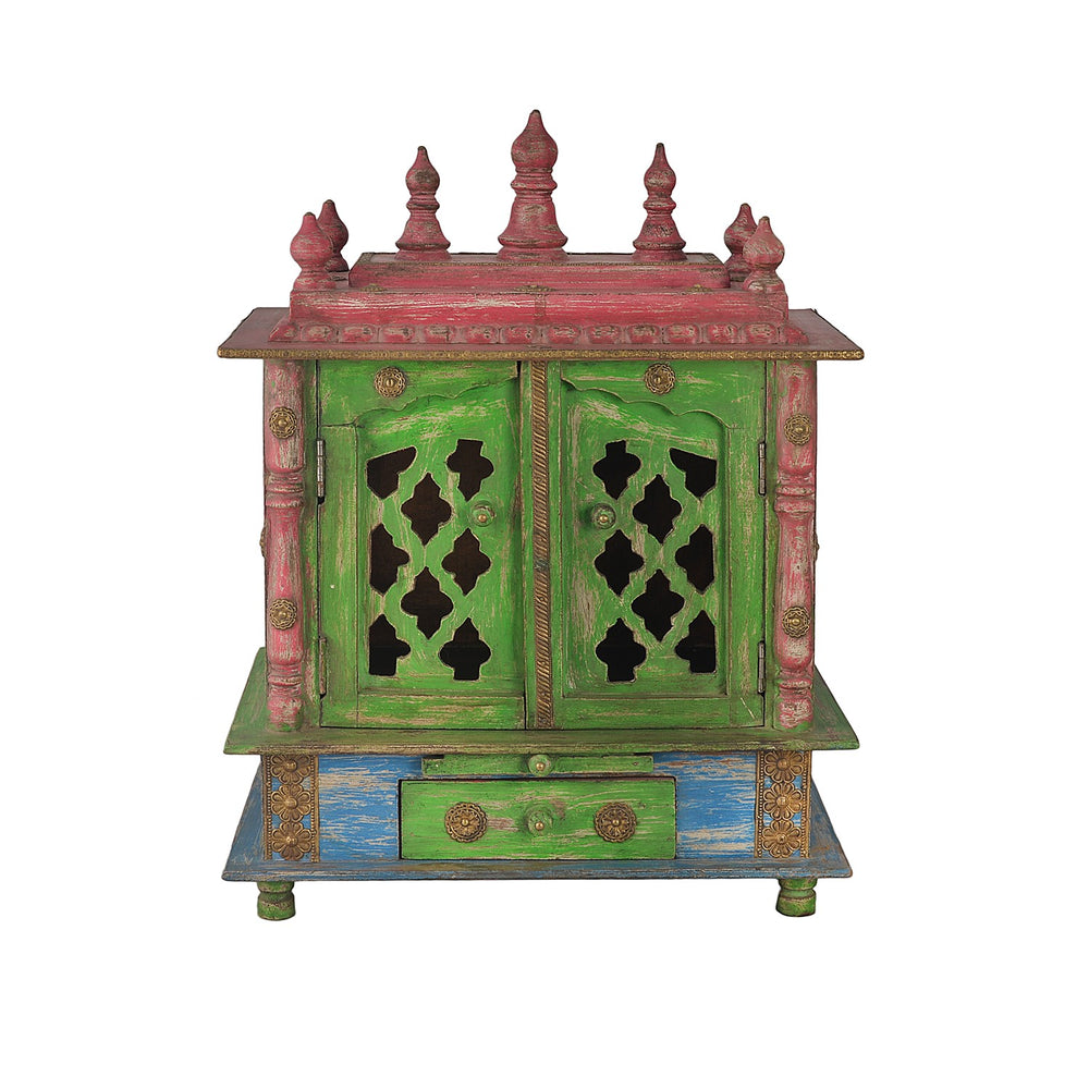 Green Wooden Temple With Doors And 1 Drawer