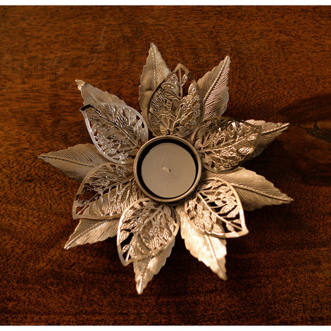 Small Silver Flower Tea Light Holder