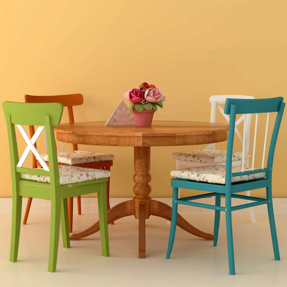 Round Dining Table With Colorful Chairs
