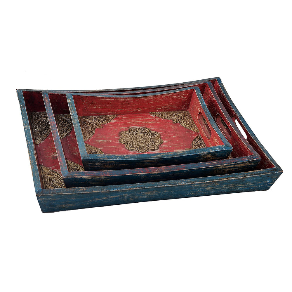 Handcrafted Brass Detailing Serving Trays (Set Of 3)